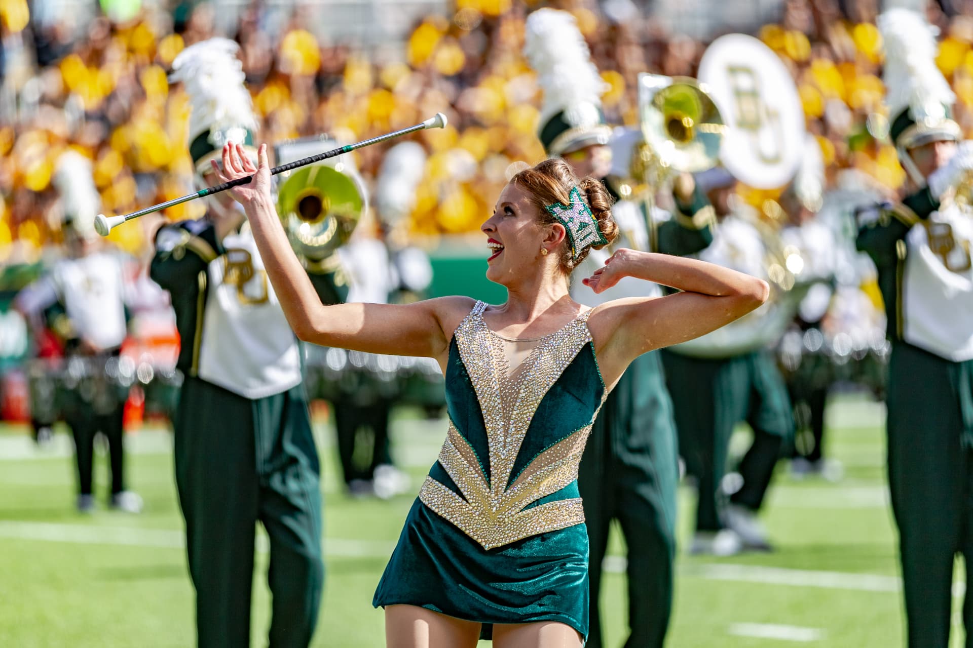 Caroline Carothers-Reed performing as Baylor University Feature Twirler